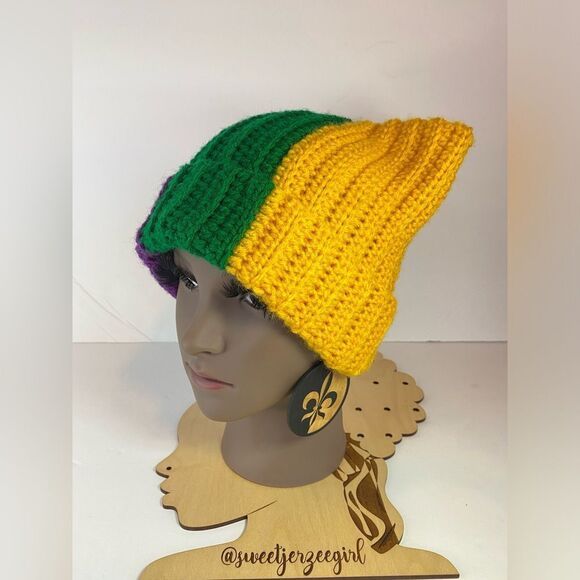 Purple Green & Gold Mardi Gras Colors Handmade Crochet Cat Ear Beanie Hat - Picture 10 of 10